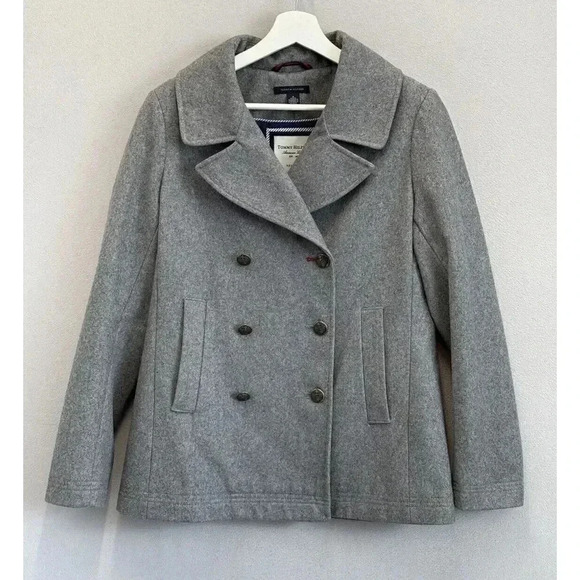 Tommy‎ Hilfiger Women's Sz 8 Grey Wool Blend Jacket 3 Button Pea Coat - Picture 1 of 9